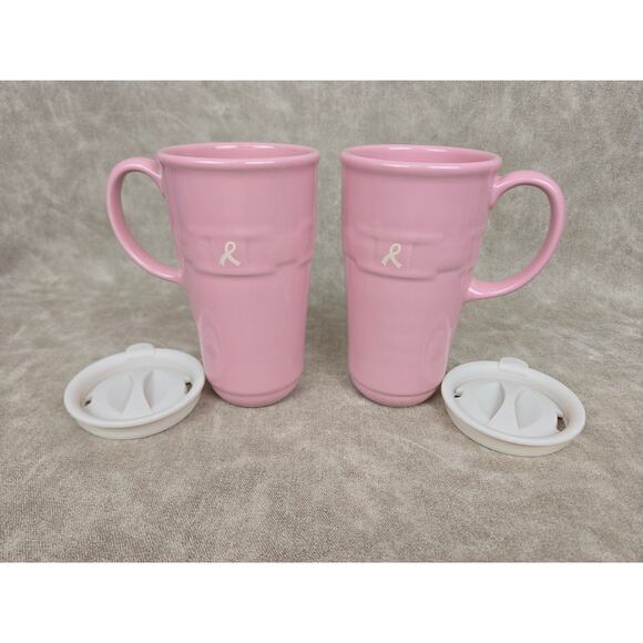 2 Longaberger Woven Traditions Horizon of Hope HOH Pink Potterty Travel Mugs - Picture 1 of 5